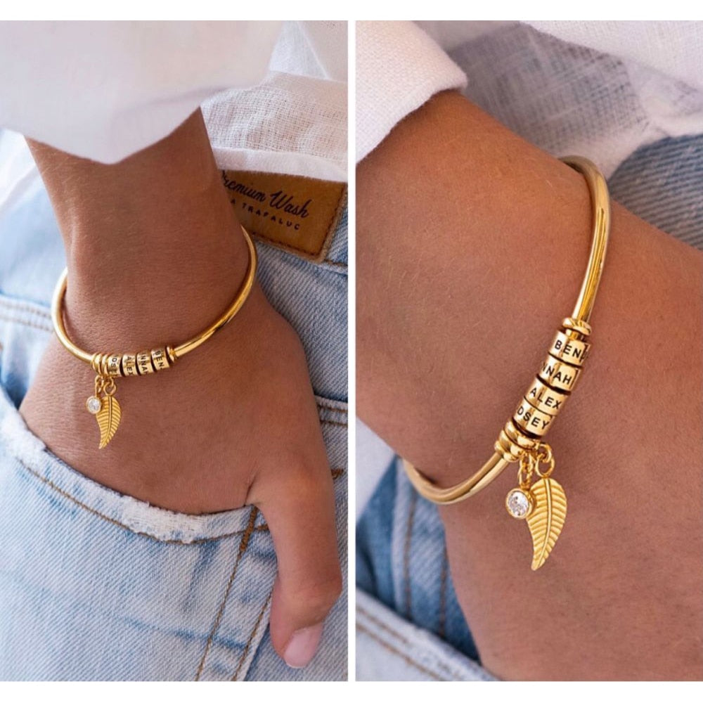 Bracelet Ailes d'Ange Personnalisable - Ma Famille - Gravure au Laser - Plaqué or | Préparez la Fête des Mères 🔥