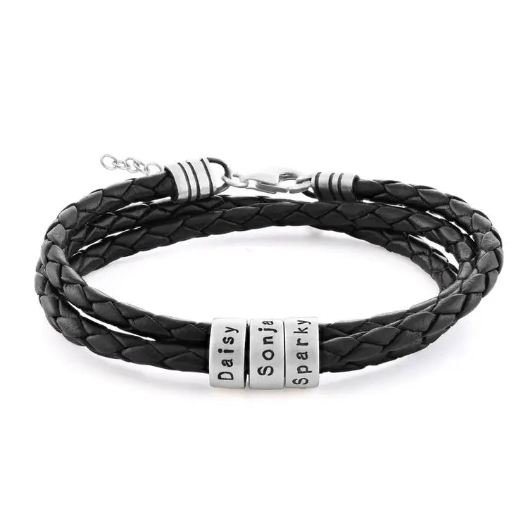 Women Braided Black Leather Bracelet with Small Custom Beads in Sterling Silver