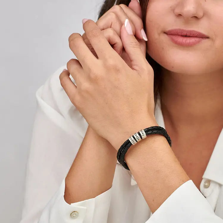 Women Braided Black Leather Bracelet with Small Custom Beads in Sterling Silver