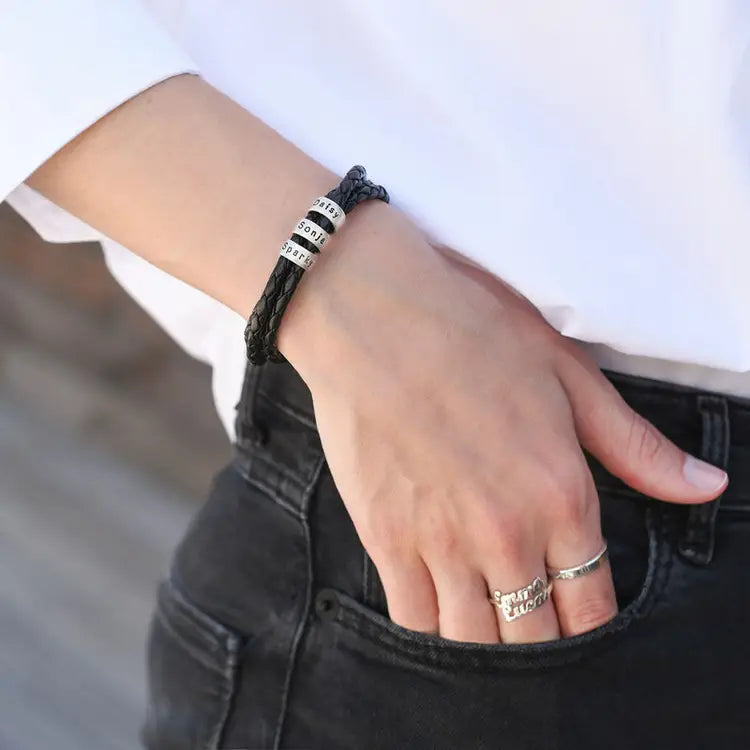 Women Braided Black Leather Bracelet with Small Custom Beads in Sterling Silver