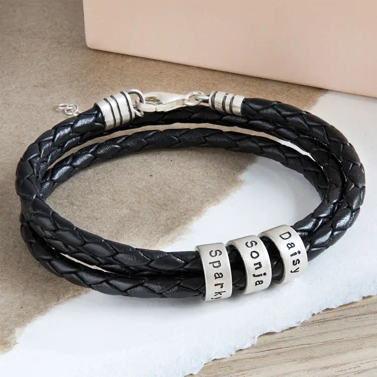 Women Braided Black Leather Bracelet with Small Custom Beads in Sterling Silver